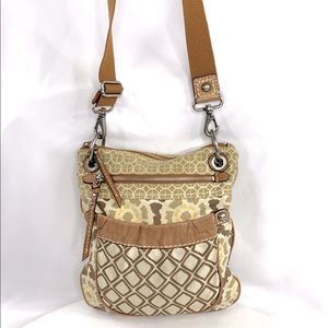 Fossil Cream Tan Brown Geometric Print Canvas Small Crossbody Bag Purse zb2831